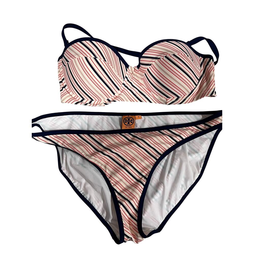 Tory Burch Striped Underwire Bikini Set Red Navy Cream Top S Bottom M Swimwear
